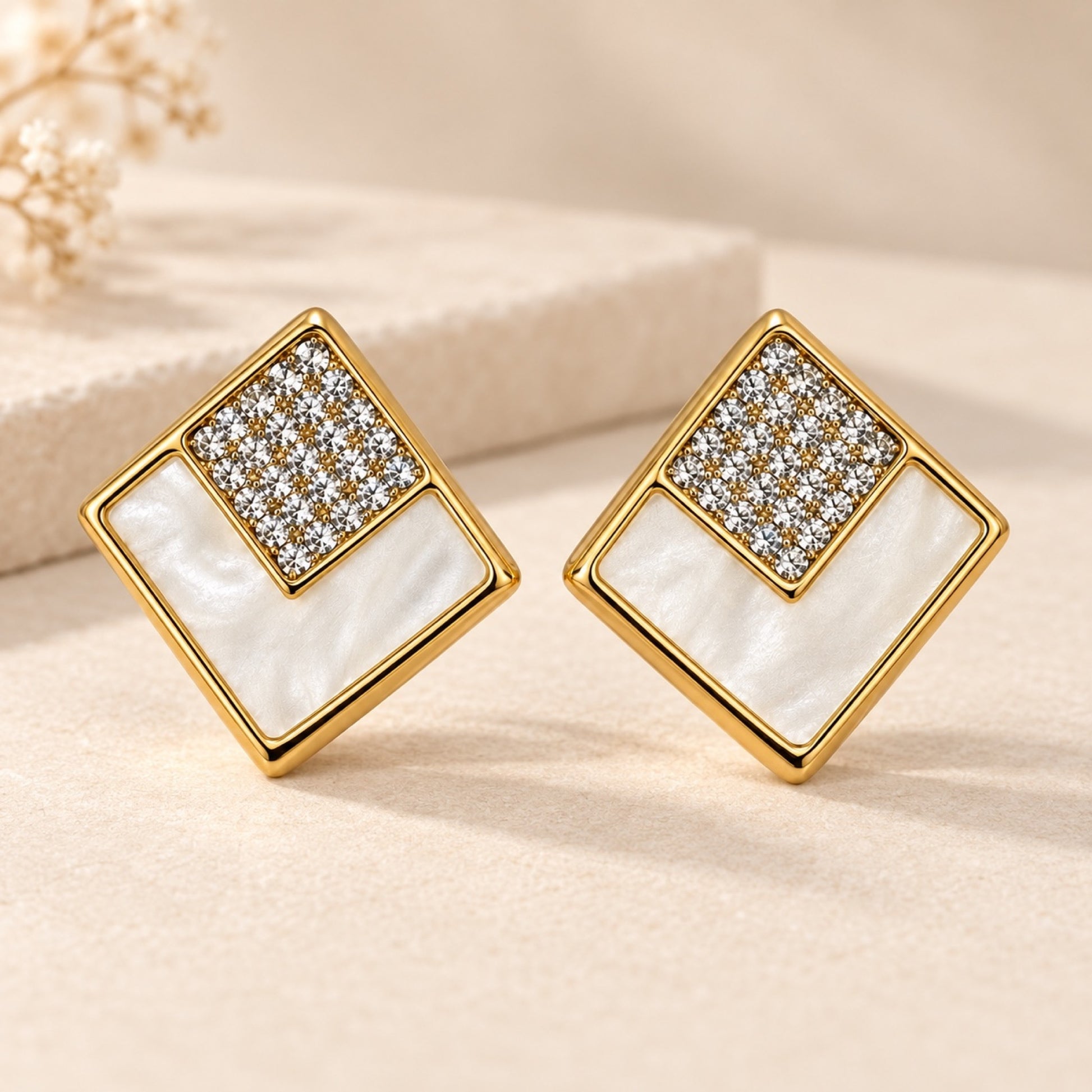 Gold-Tone Geometric Pearlescent Pavé Square Drop Earrings - view 2