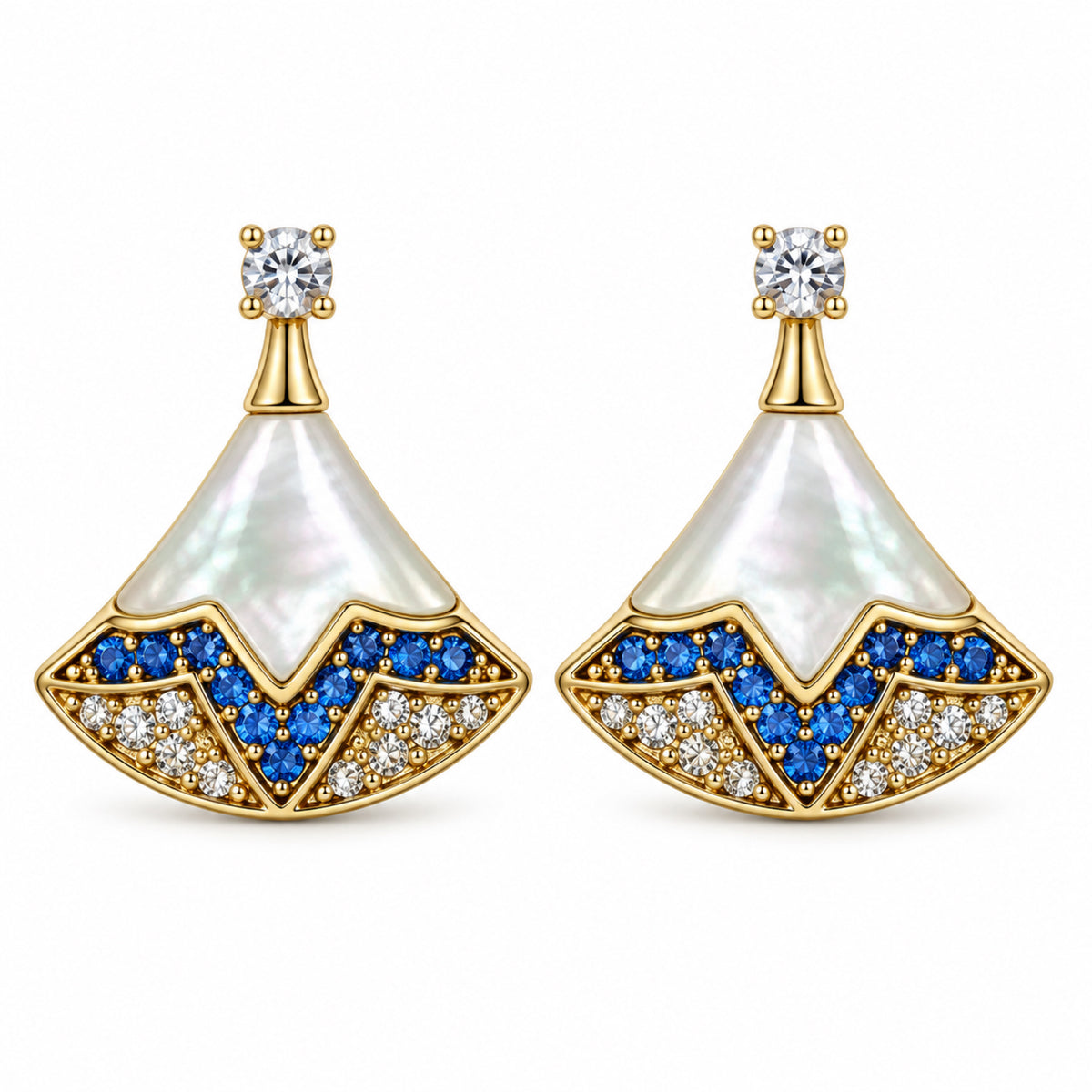 Gold-Tone Iridescent Panel Blue Crystal Fan Drop Earrings - view 1