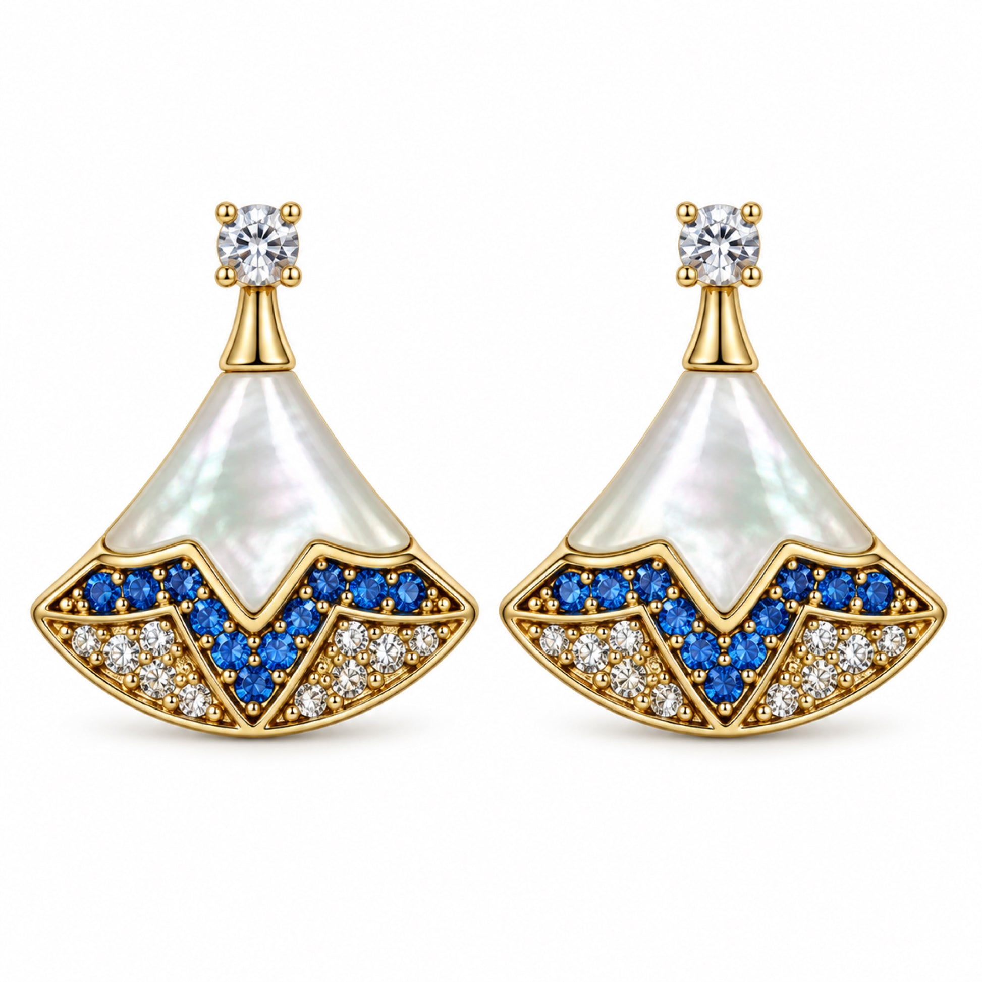 Gold-Tone Iridescent Panel Blue Crystal Fan Drop Earrings - view 1