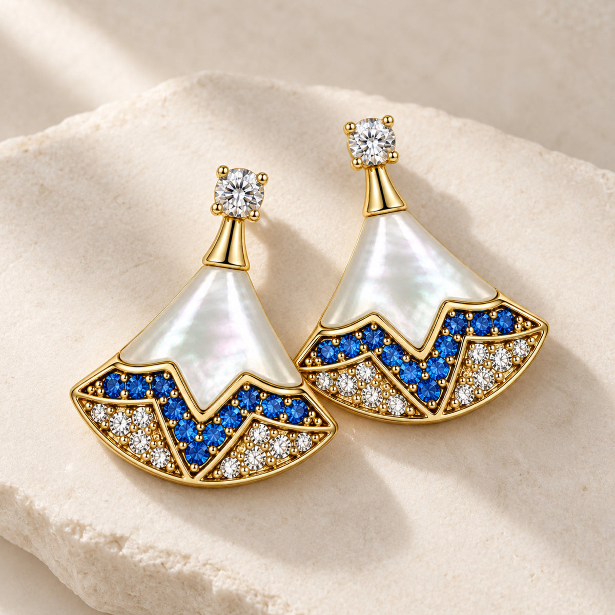 Gold-Tone Iridescent Panel Blue Crystal Fan Drop Earrings - view 2