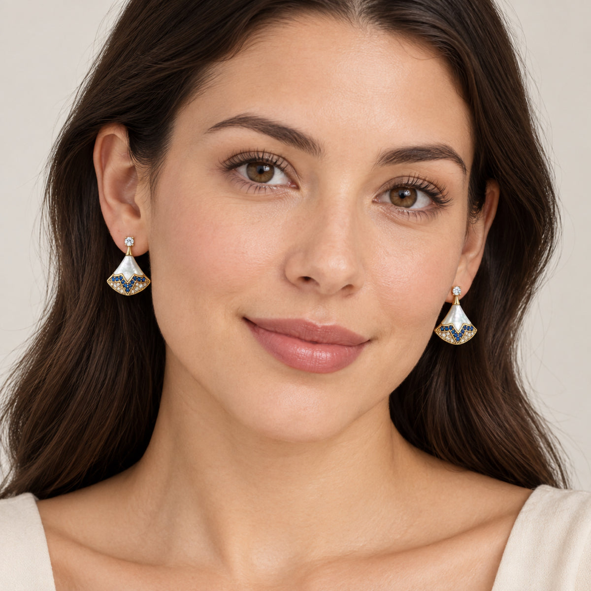 Gold-Tone Iridescent Panel Blue Crystal Fan Drop Earrings - view 3