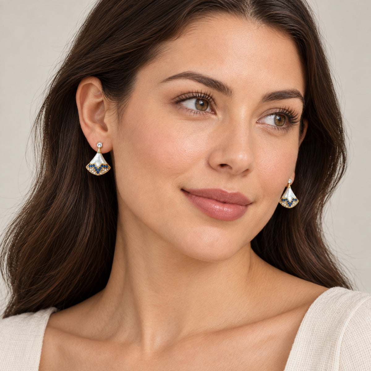 Gold-Tone Iridescent Panel Blue Crystal Fan Drop Earrings - view 4