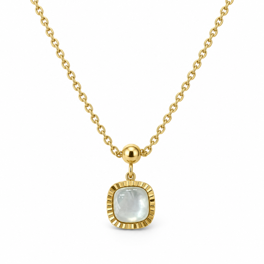 Gold-tone mother-of-pearl cushion pendant necklace on a clean white background