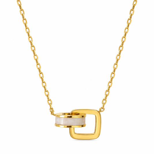 Gold-tone sterling silver geometric necklace with mother-of-pearl detail on white background