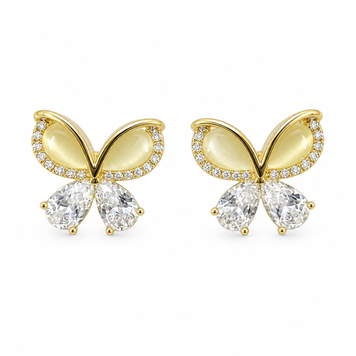 Gold-Tone Pale Yellow Butterfly Clear Crystal Stud Earrings - view 1
