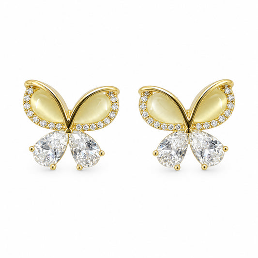 Gold-Tone Pale Yellow Butterfly Clear Crystal Stud Earrings - view 1