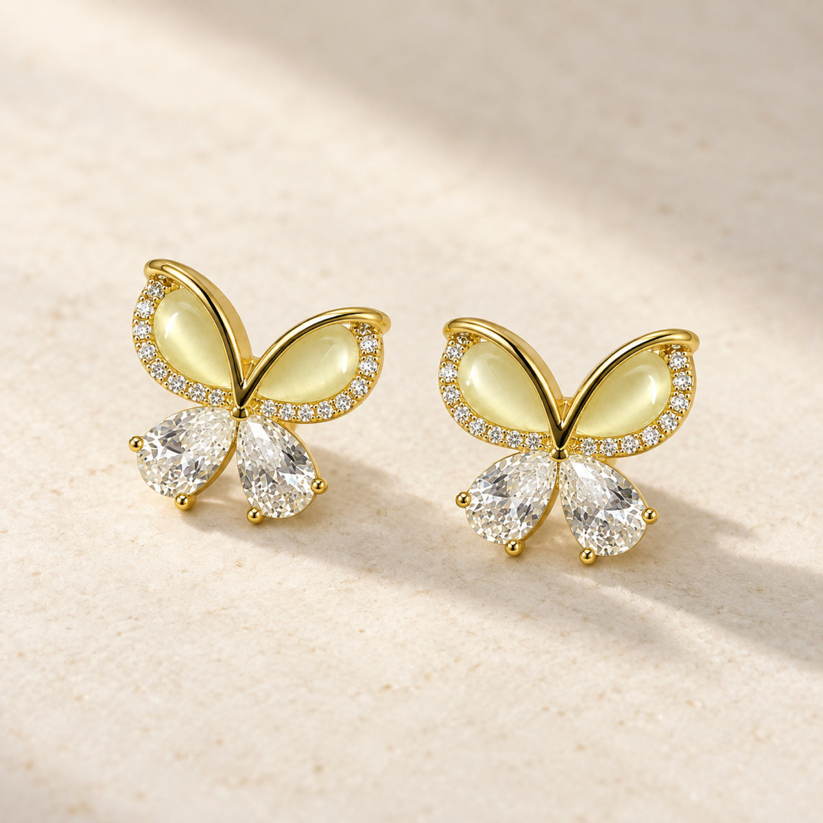 Gold-Tone Pale Yellow Butterfly Clear Crystal Stud Earrings - view 2