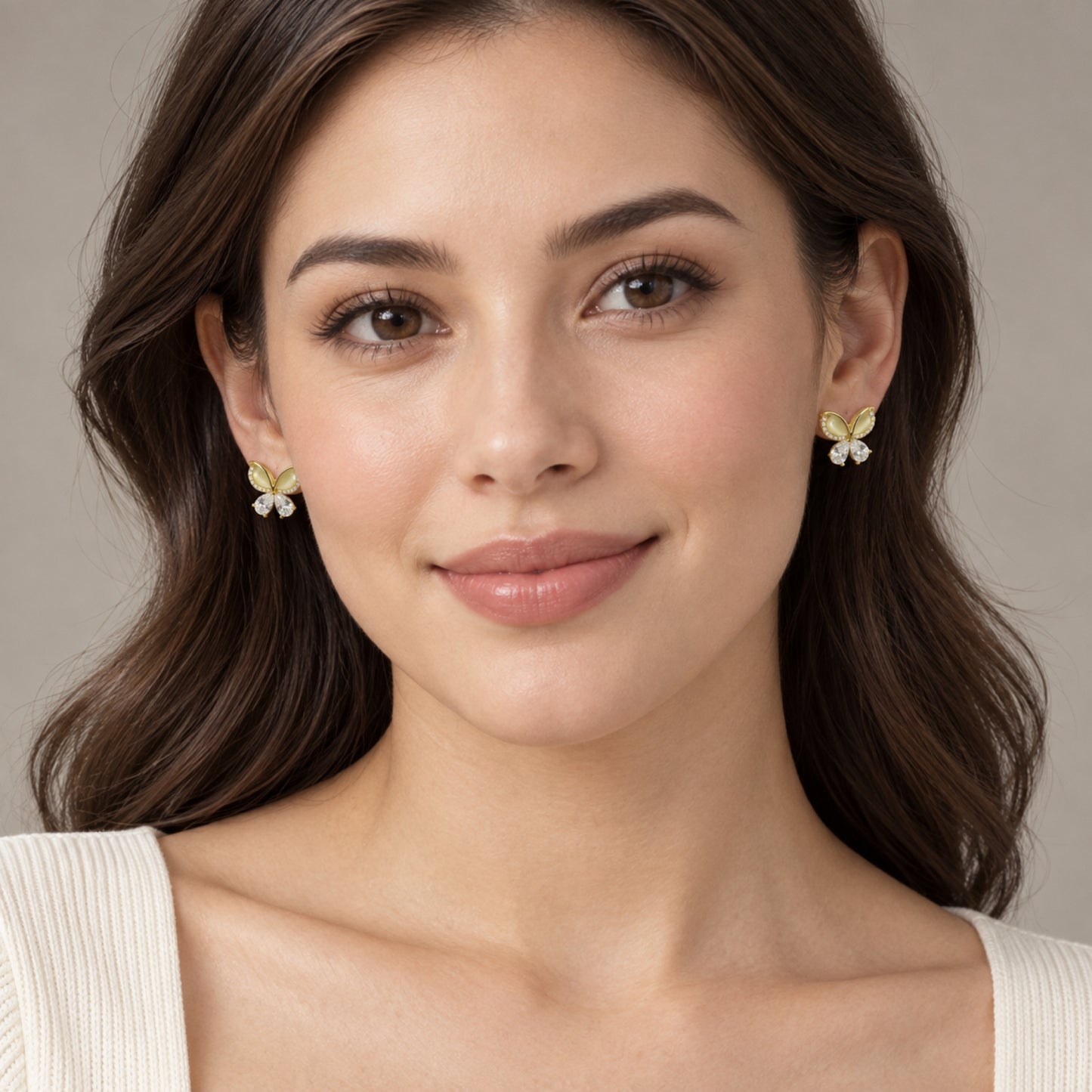 Gold-Tone Pale Yellow Butterfly Clear Crystal Stud Earrings - view 3