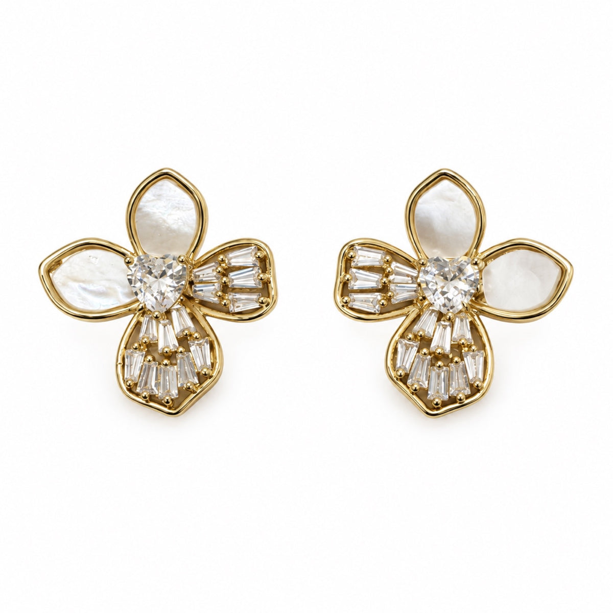 Gold-Tone Pearlescent Baguette Crystal Flower Stud Earrings - view 1