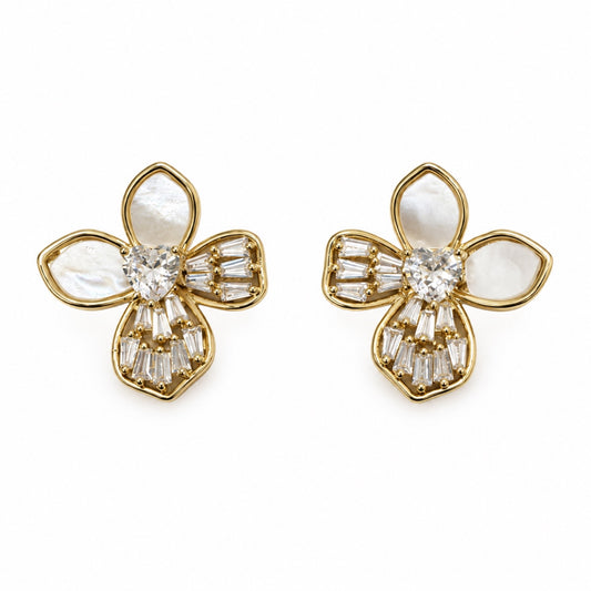 Gold-Tone Pearlescent Baguette Crystal Flower Stud Earrings - view 1