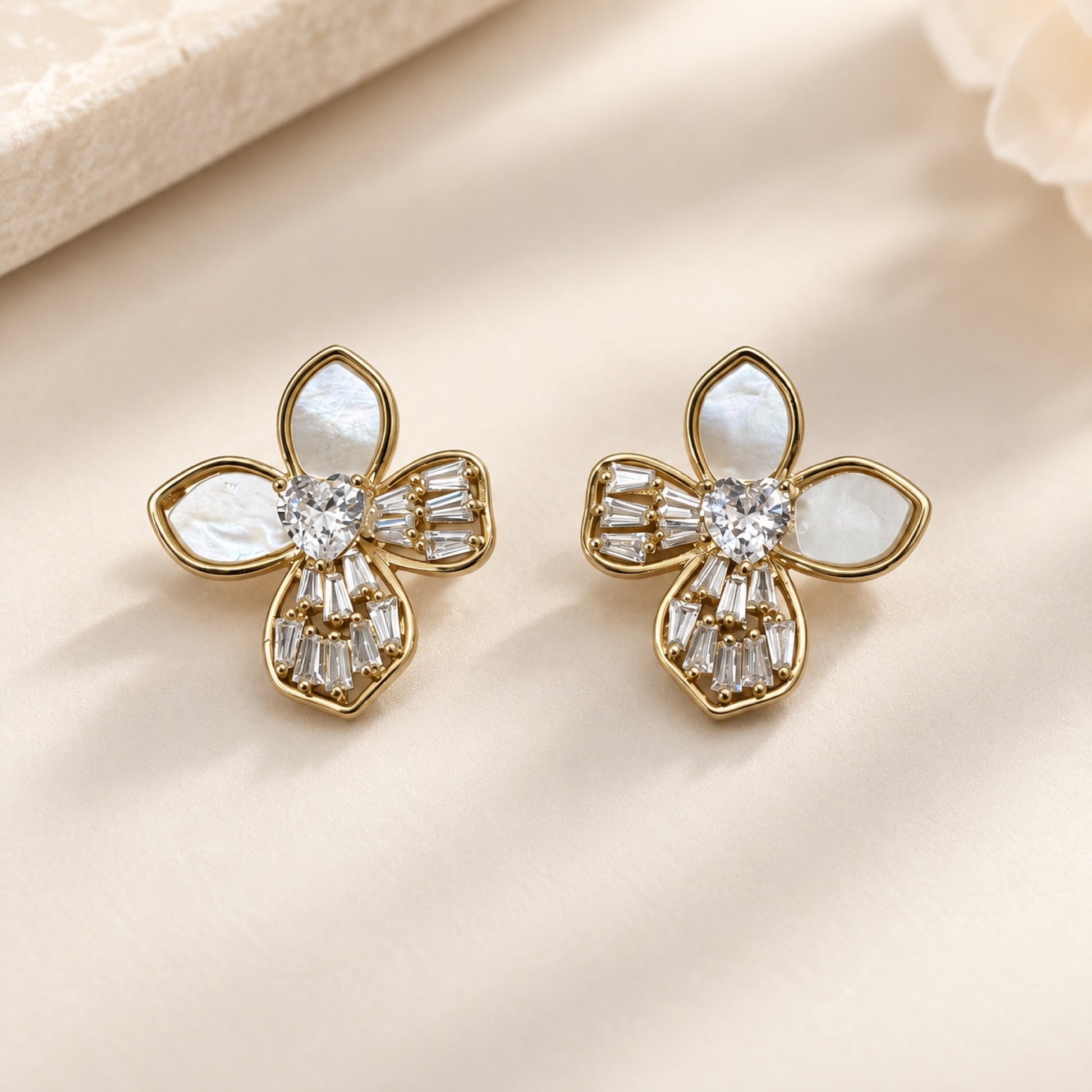Gold-Tone Pearlescent Baguette Crystal Flower Stud Earrings - view 2