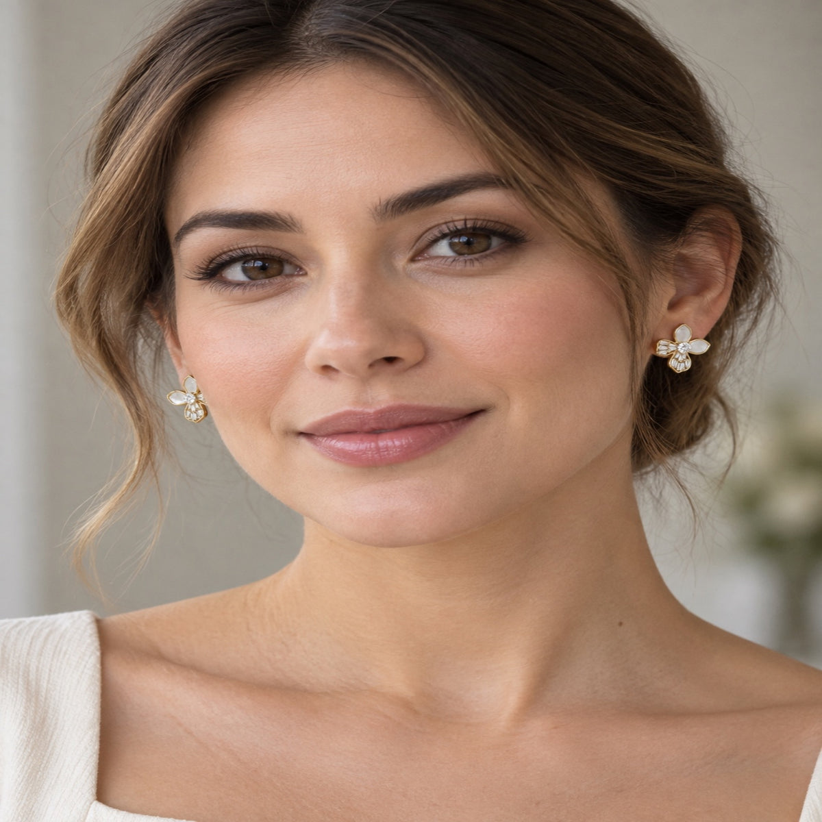 Gold-Tone Pearlescent Baguette Crystal Flower Stud Earrings - view 3