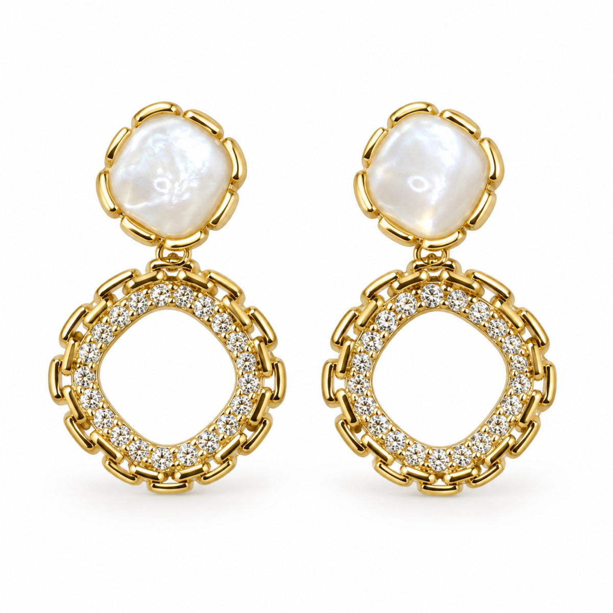 Gold-Tone Pearlescent Cabochon Pavé Open Square Drop Earrings - view 1
