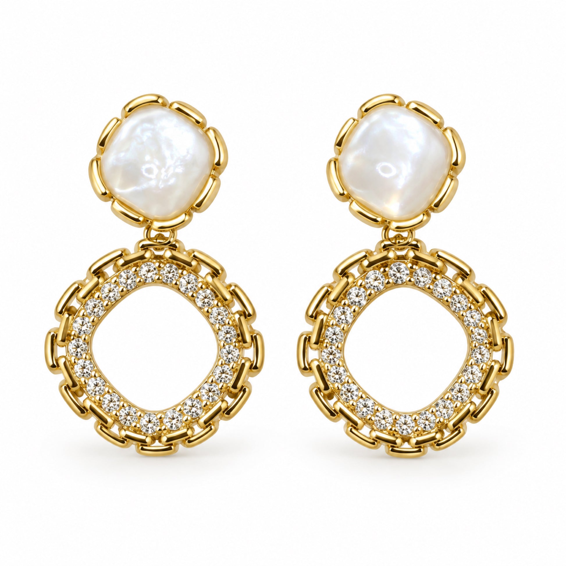 Gold-Tone Pearlescent Cabochon Pavé Open Square Drop Earrings - view 1