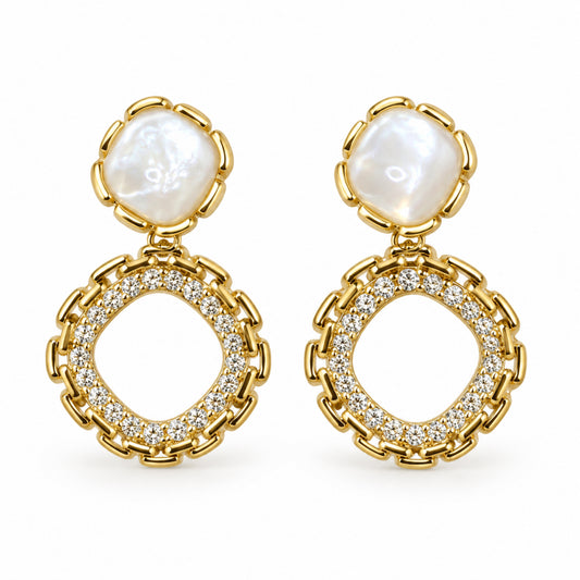 Gold-Tone Pearlescent Cabochon Pavé Open Square Drop Earrings - view 1
