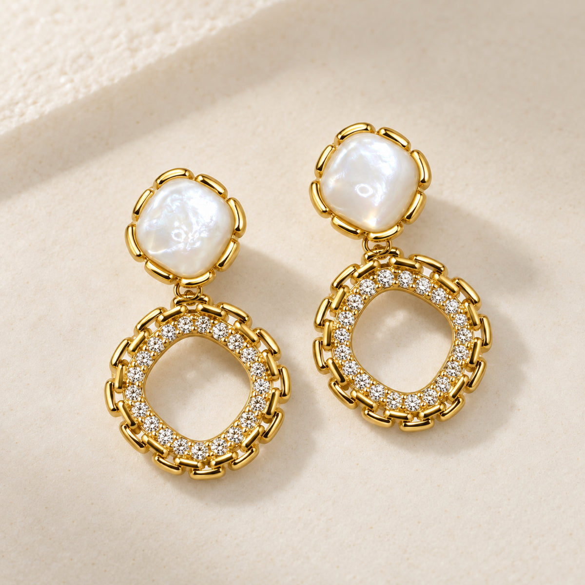 Gold-Tone Pearlescent Cabochon Pavé Open Square Drop Earrings - view 2