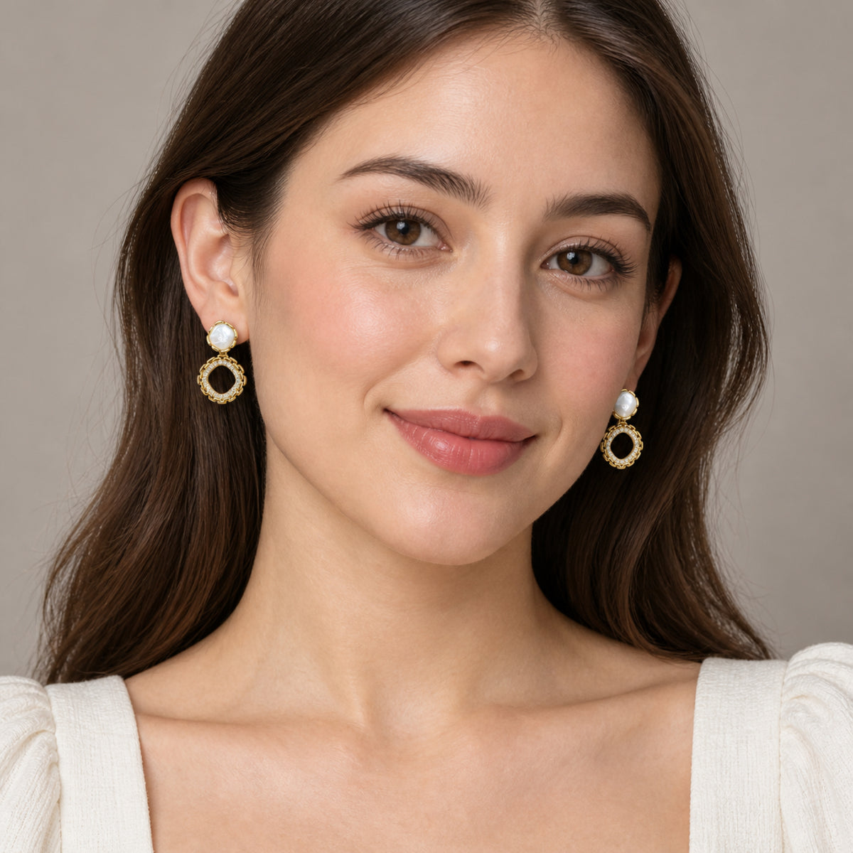 Gold-Tone Pearlescent Cabochon Pavé Open Square Drop Earrings - view 3