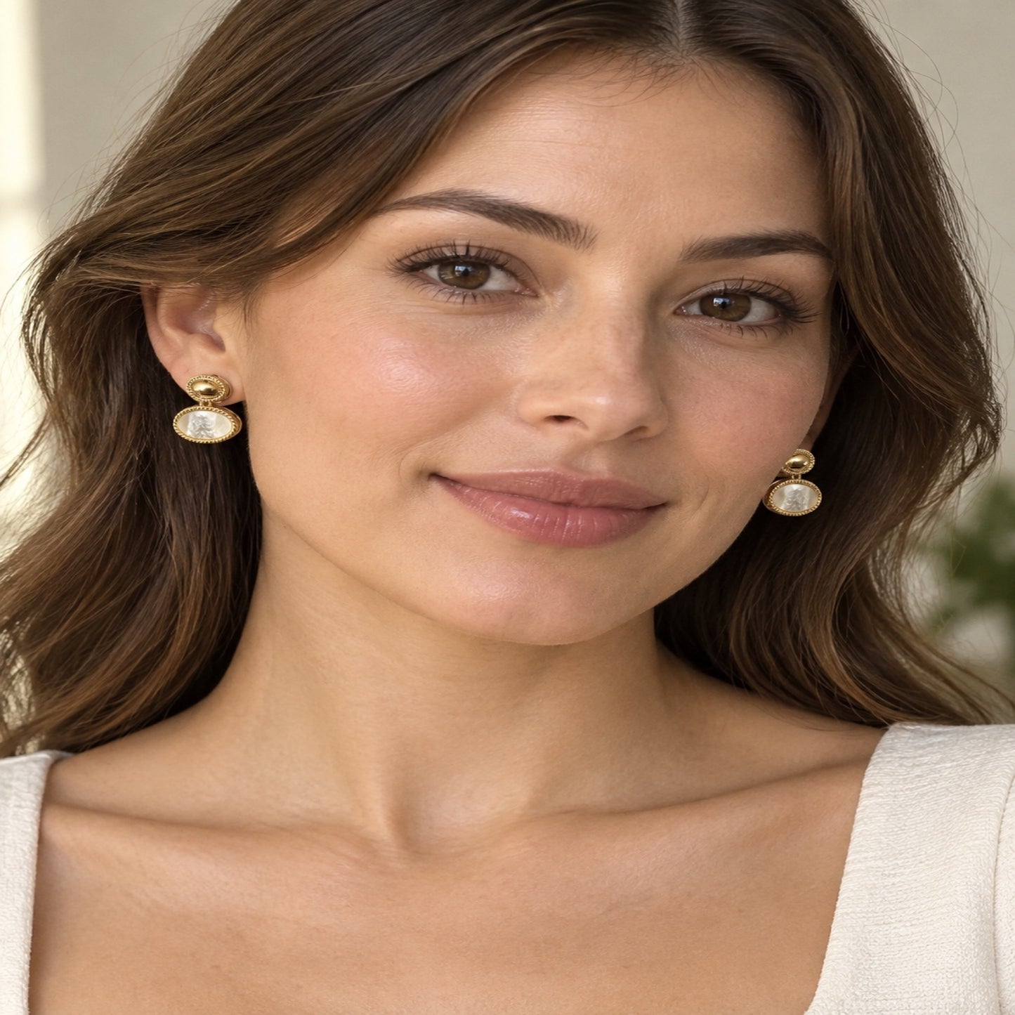 Gold-Tone Pearlescent Double Oval Drop Earrings - view 3