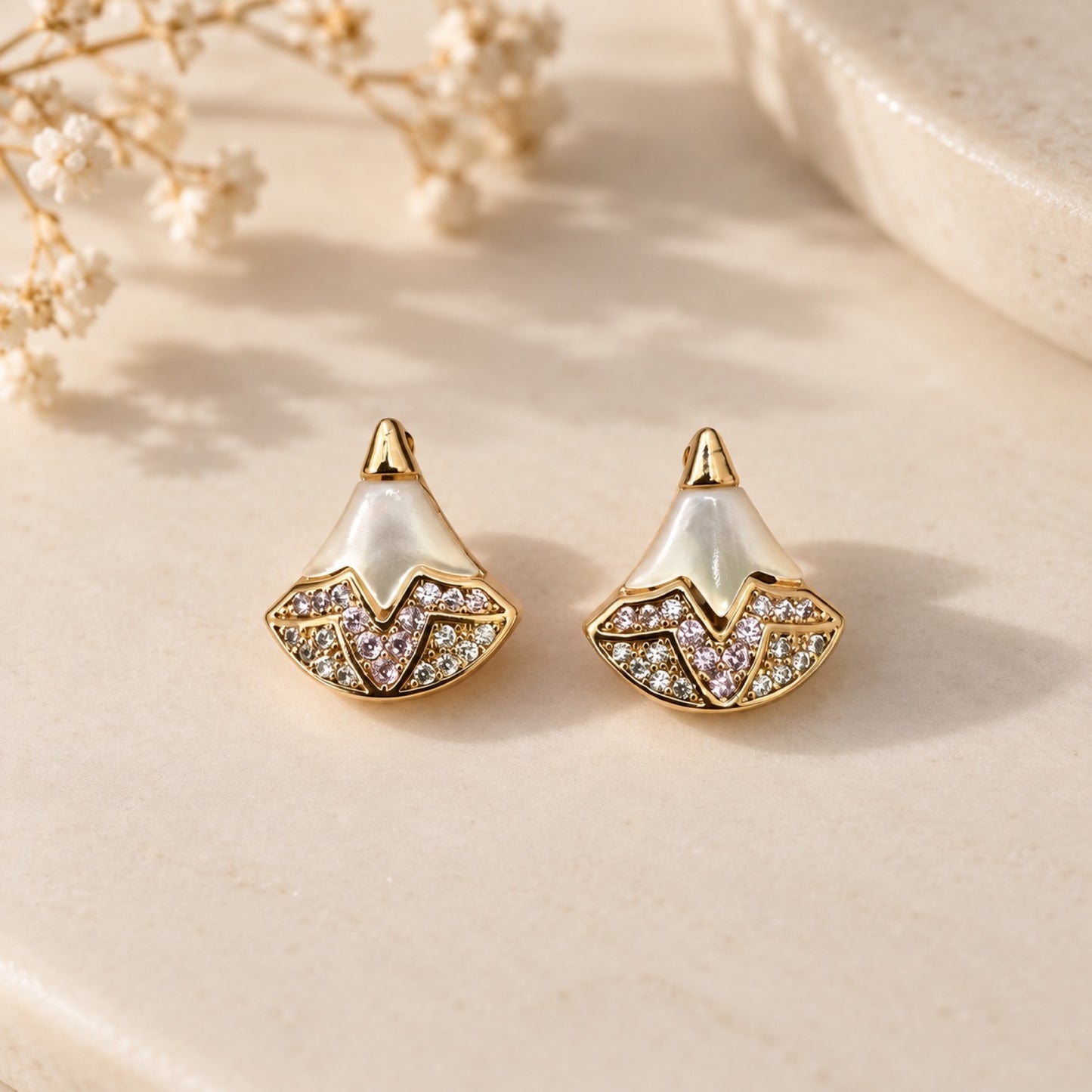 Gold-Tone Pearlescent Fan Pavé Crystal Drop Earrings - view 2