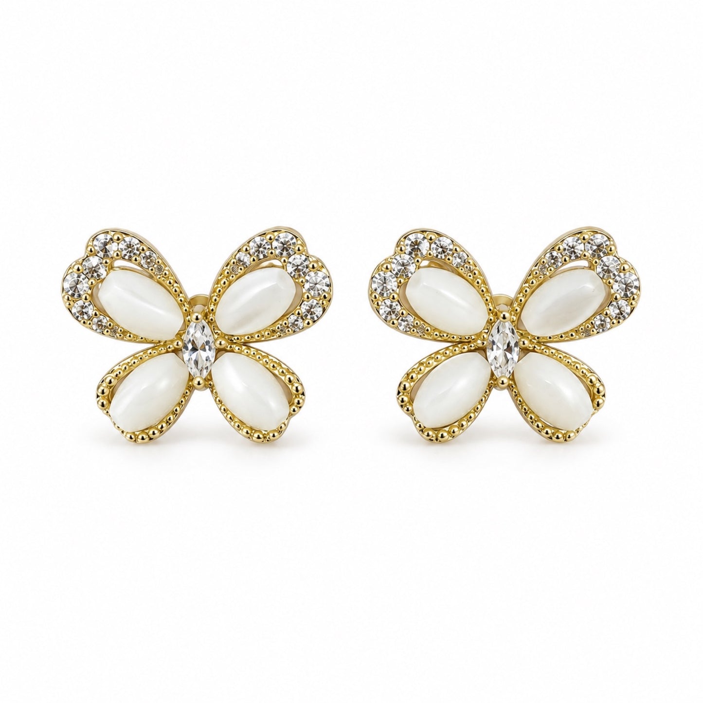 Gold-Tone Pearlescent Four-Petal Flower Crystal Stud Earrings - view 1