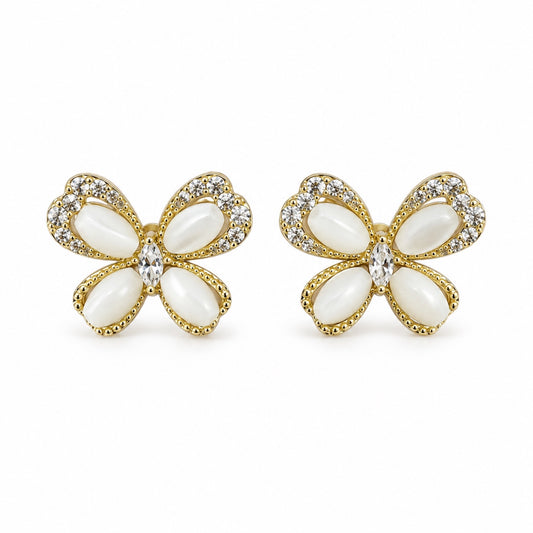 Gold-Tone Pearlescent Four-Petal Flower Crystal Stud Earrings - view 1