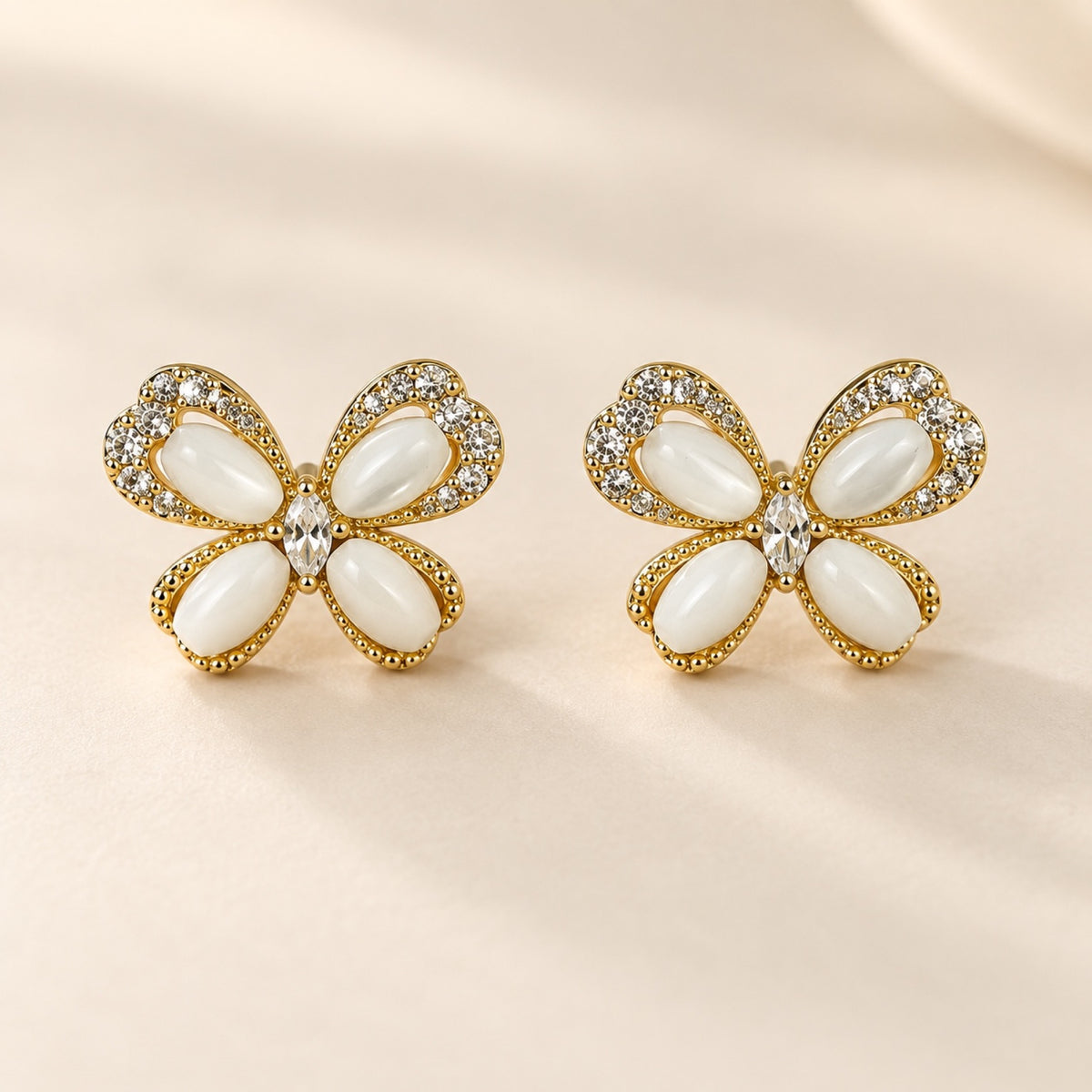 Gold-Tone Pearlescent Four-Petal Flower Crystal Stud Earrings - view 2