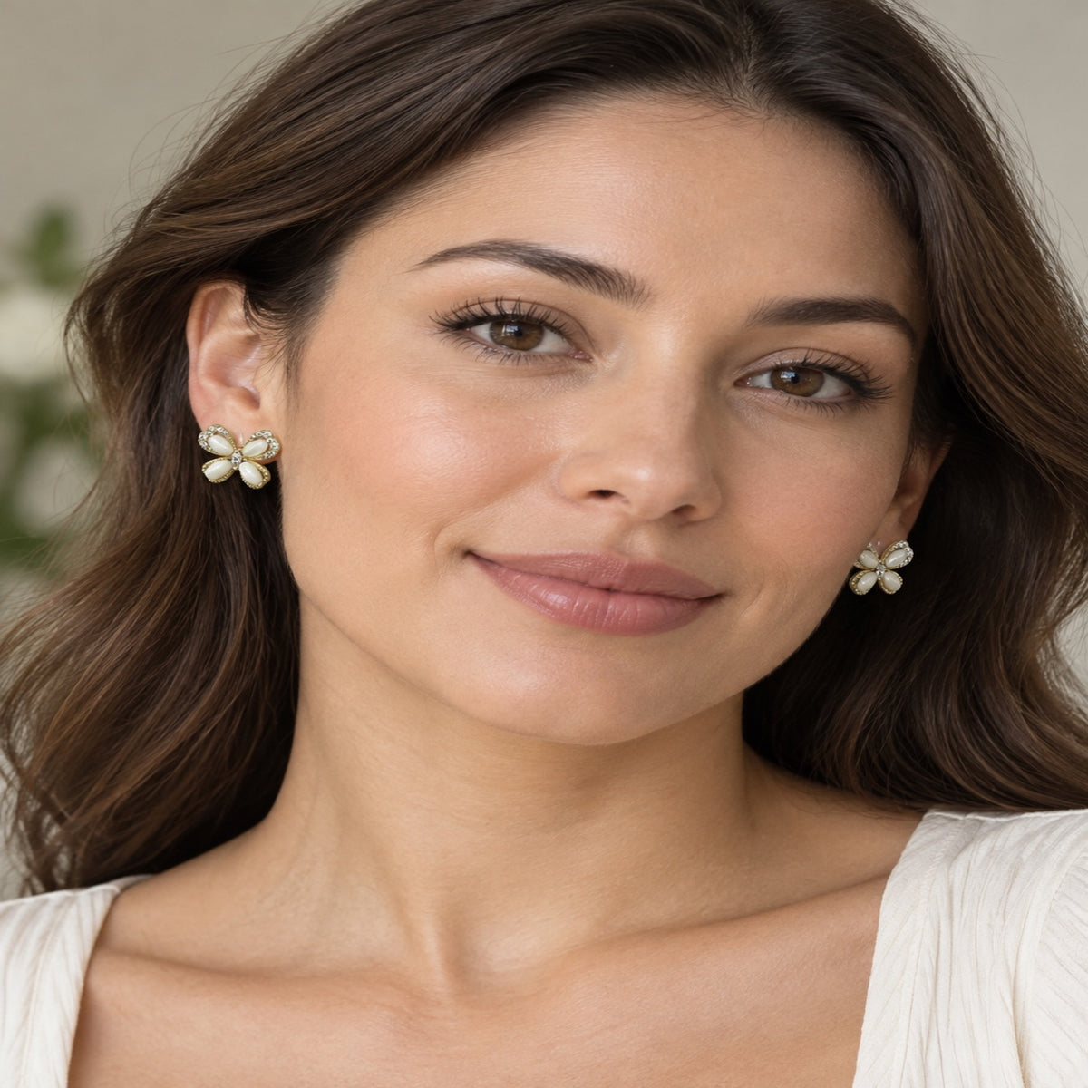 Gold-Tone Pearlescent Four-Petal Flower Crystal Stud Earrings - view 3