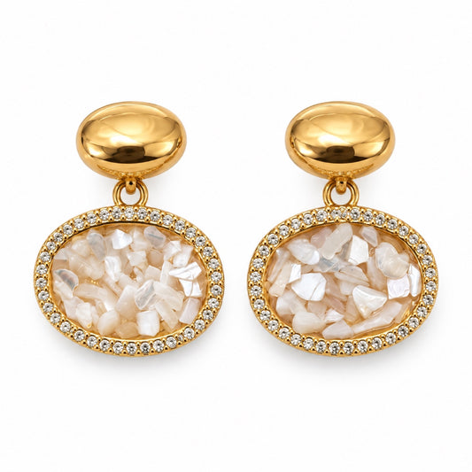 Gold-Tone Pearlescent Oval Pavé Drop Earrings - view 1