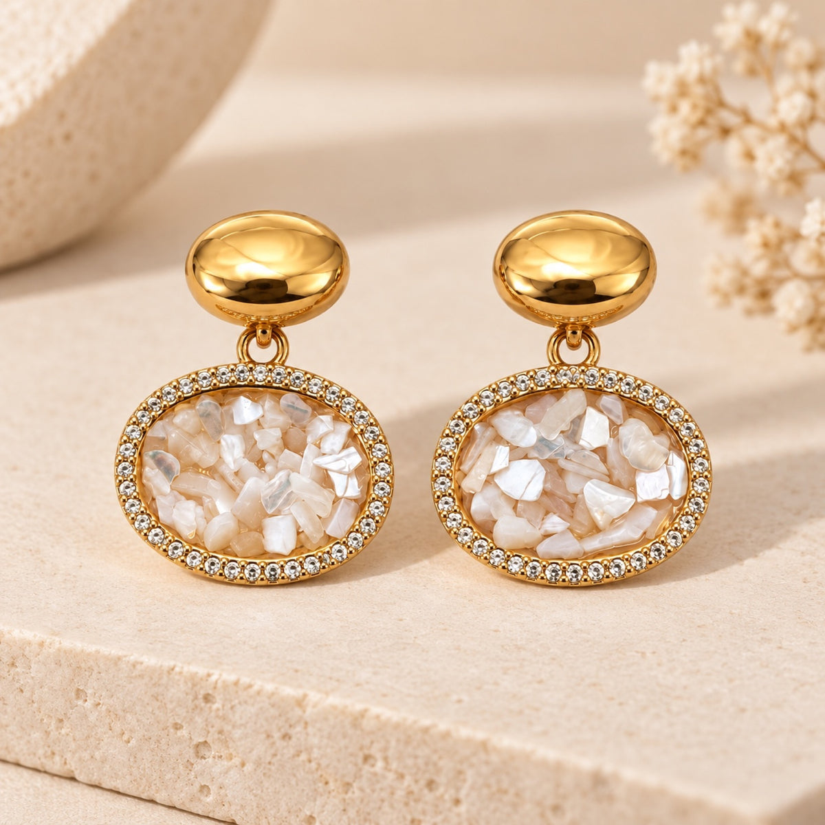 Gold-Tone Pearlescent Oval Pavé Drop Earrings - view 2