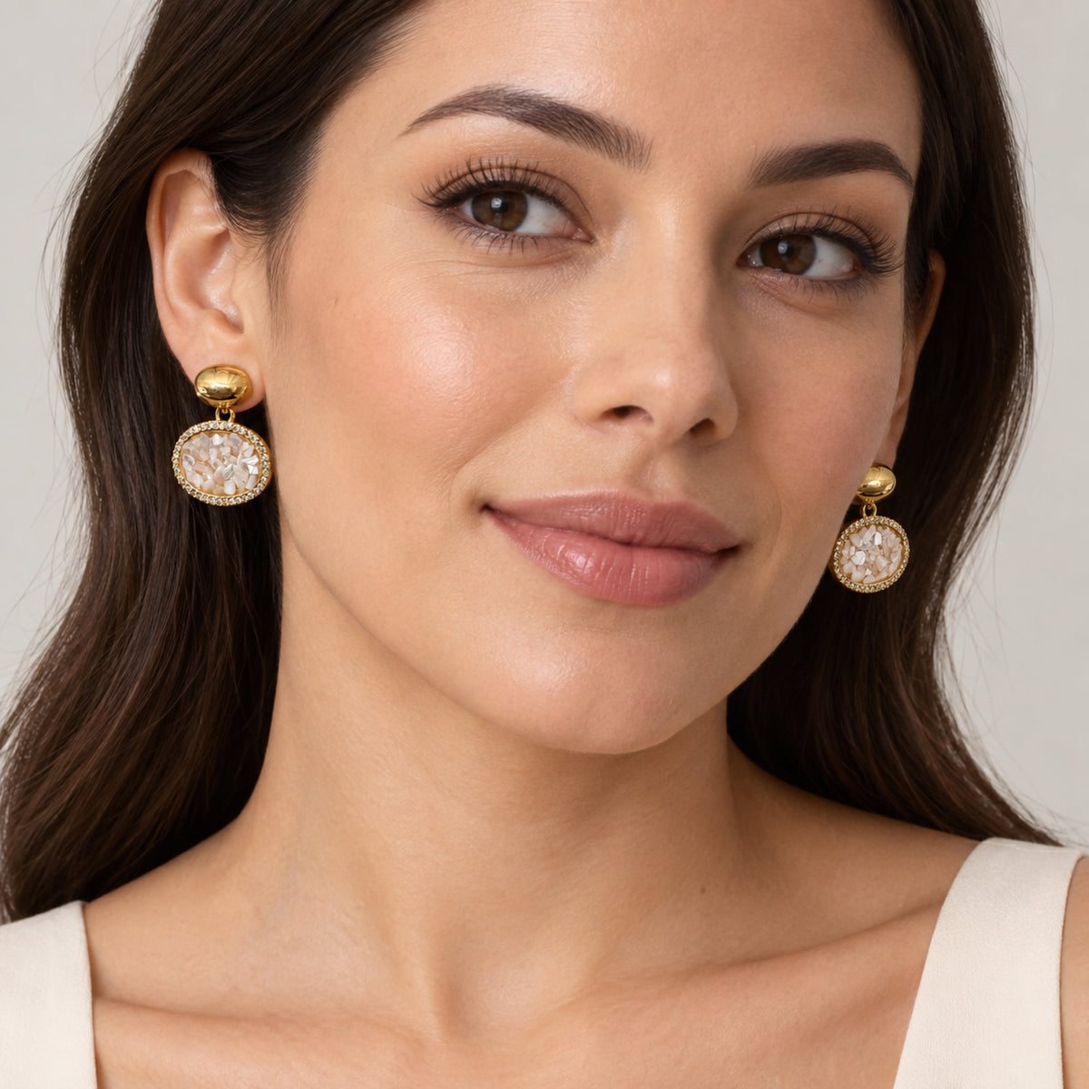 Gold-Tone Pearlescent Oval Pavé Drop Earrings - view 3
