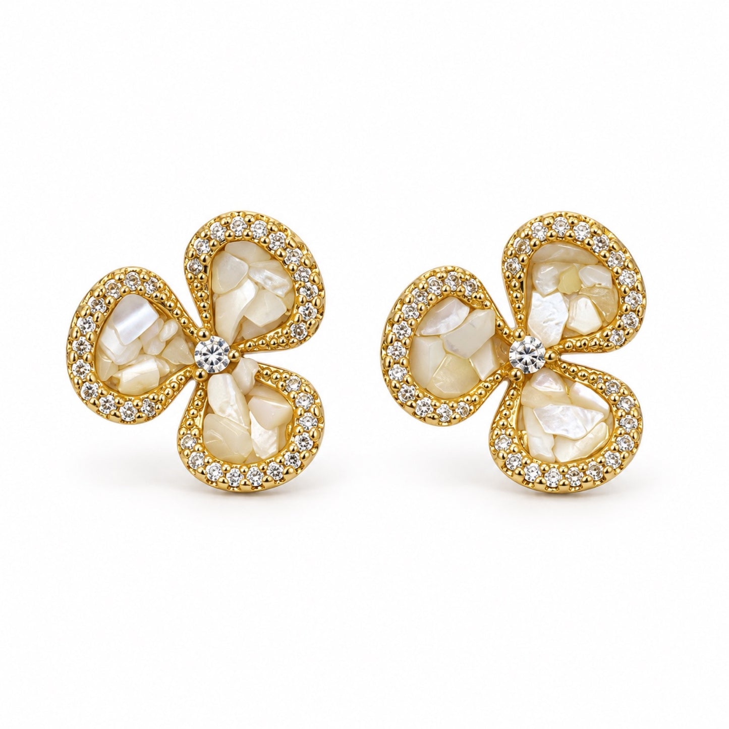 Gold-Tone Pearlescent Three-Petal Flower Stud Earrings - view 1
