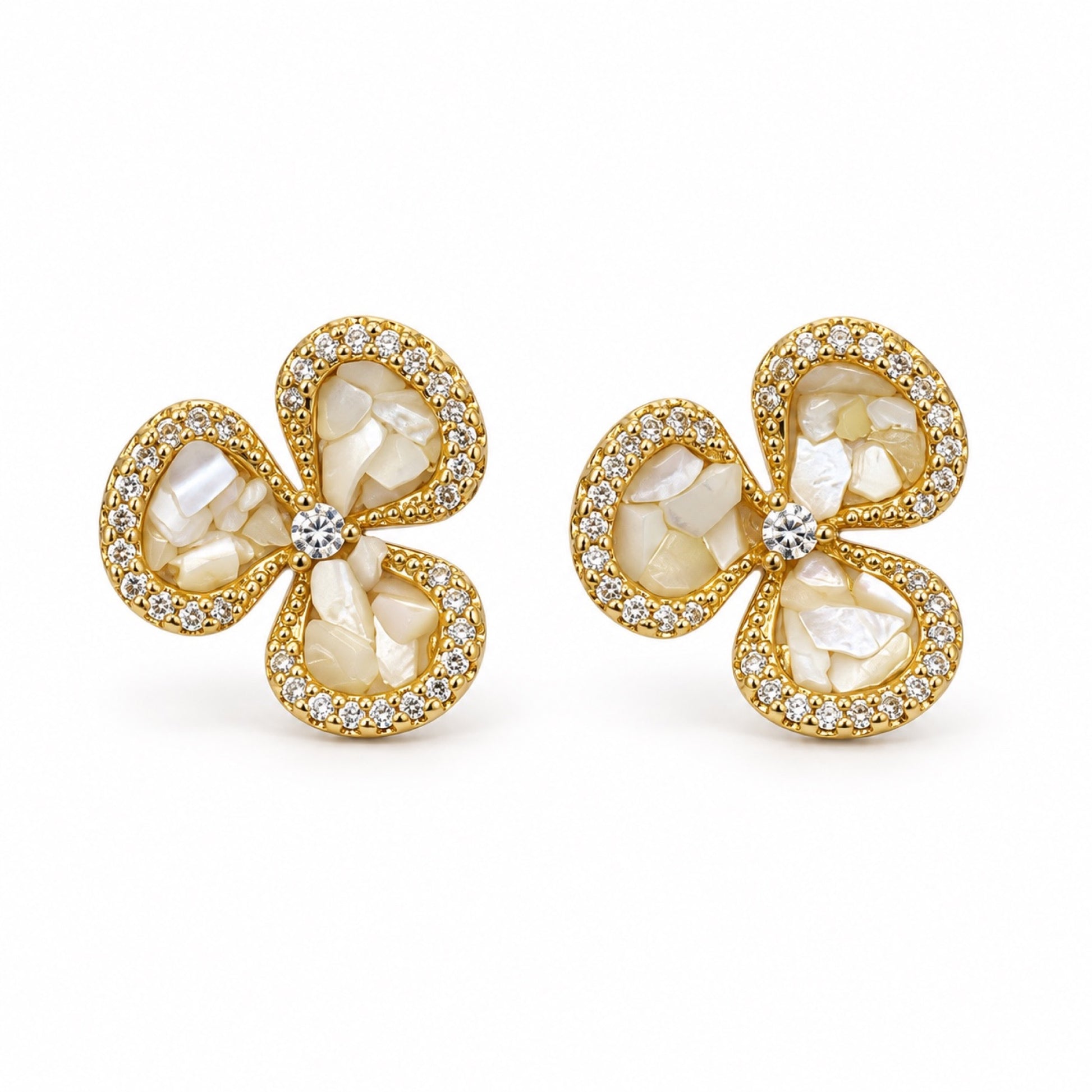 Gold-Tone Pearlescent Three-Petal Flower Stud Earrings - view 1