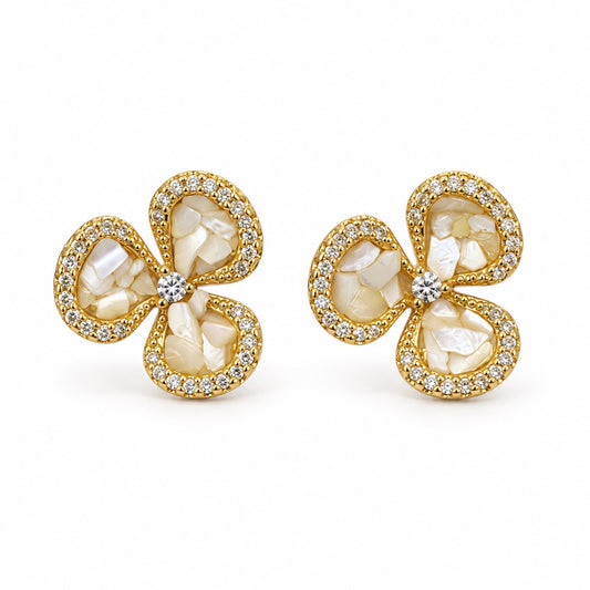 Gold-Tone Pearlescent Three-Petal Flower Stud Earrings - view 1