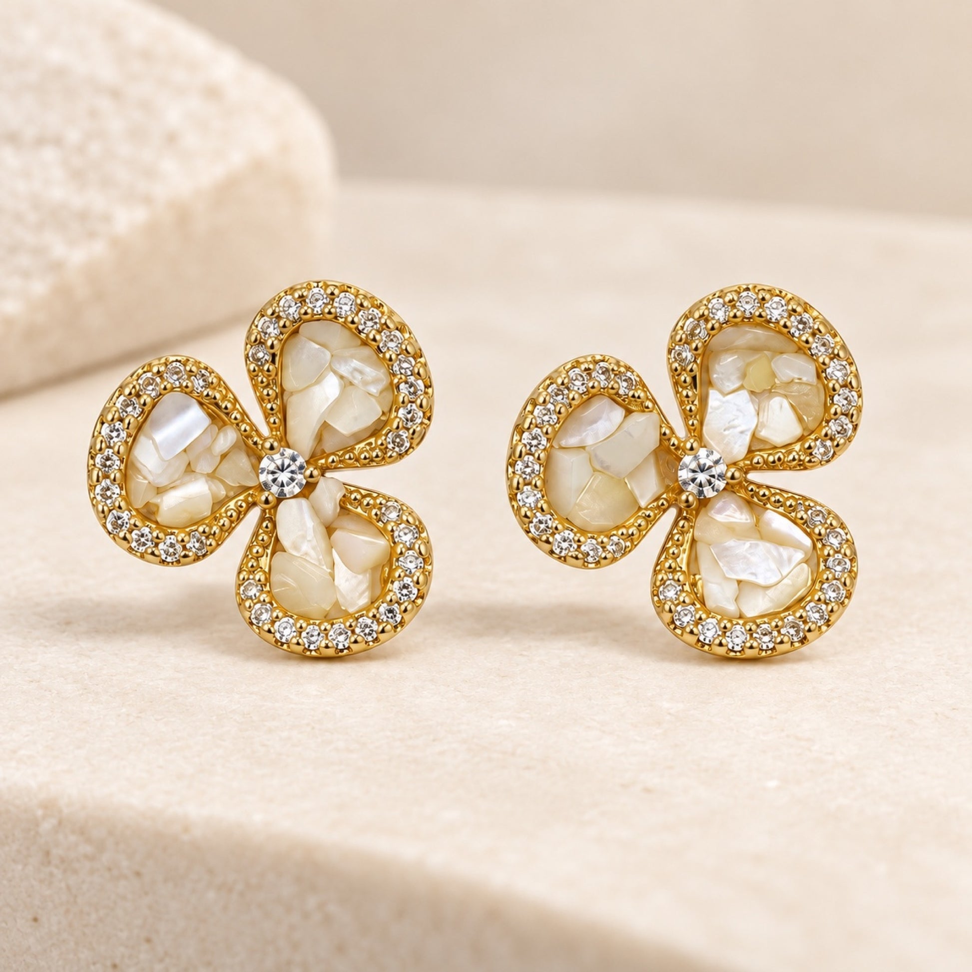 Gold-Tone Pearlescent Three-Petal Flower Stud Earrings - view 2