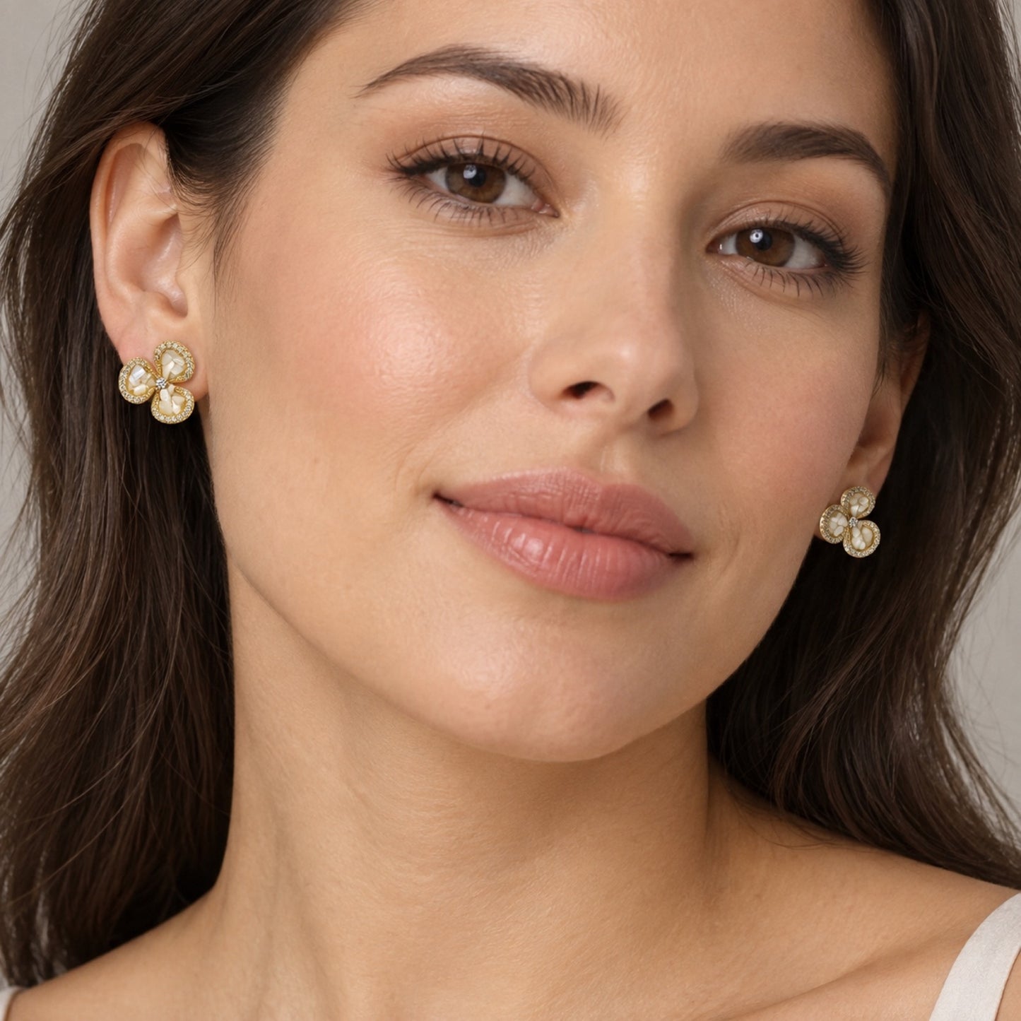 Gold-Tone Pearlescent Three-Petal Flower Stud Earrings - view 3
