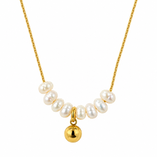 Gold-tone stainless steel necklace with pearlescent bead accents and a petite sphere charm on a clean white background
