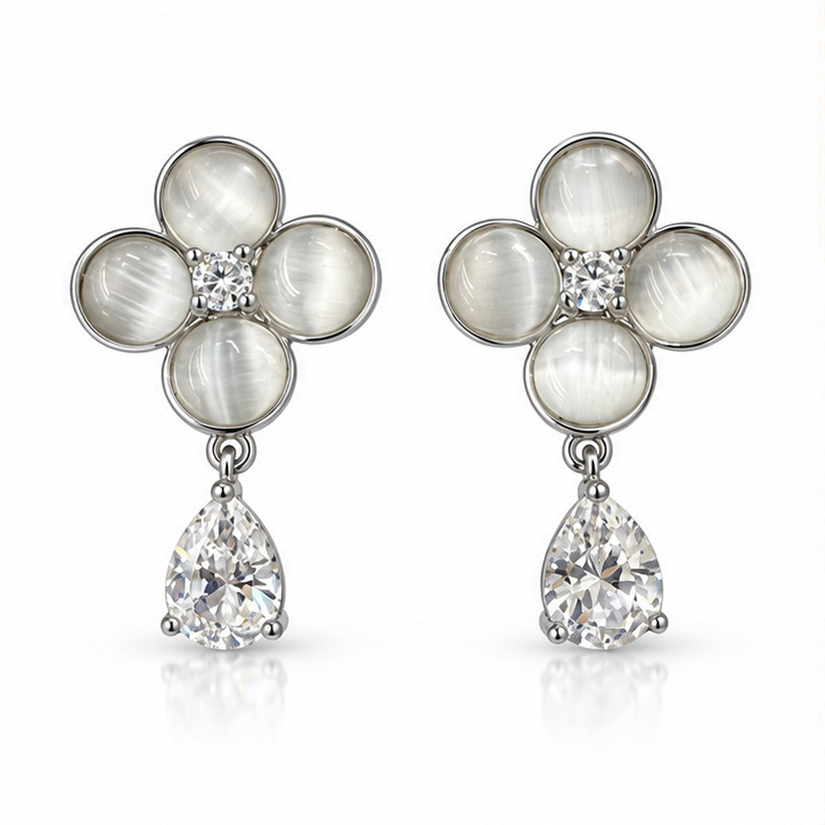 Mother-of-pearl flower crystal drop earrings with solid sterling silver posts on a clean white background