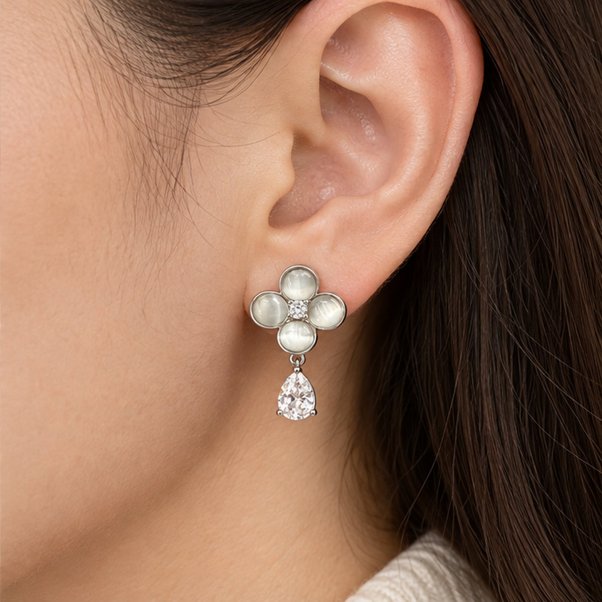Mother-of-pearl flower crystal drop earring lifestyle view