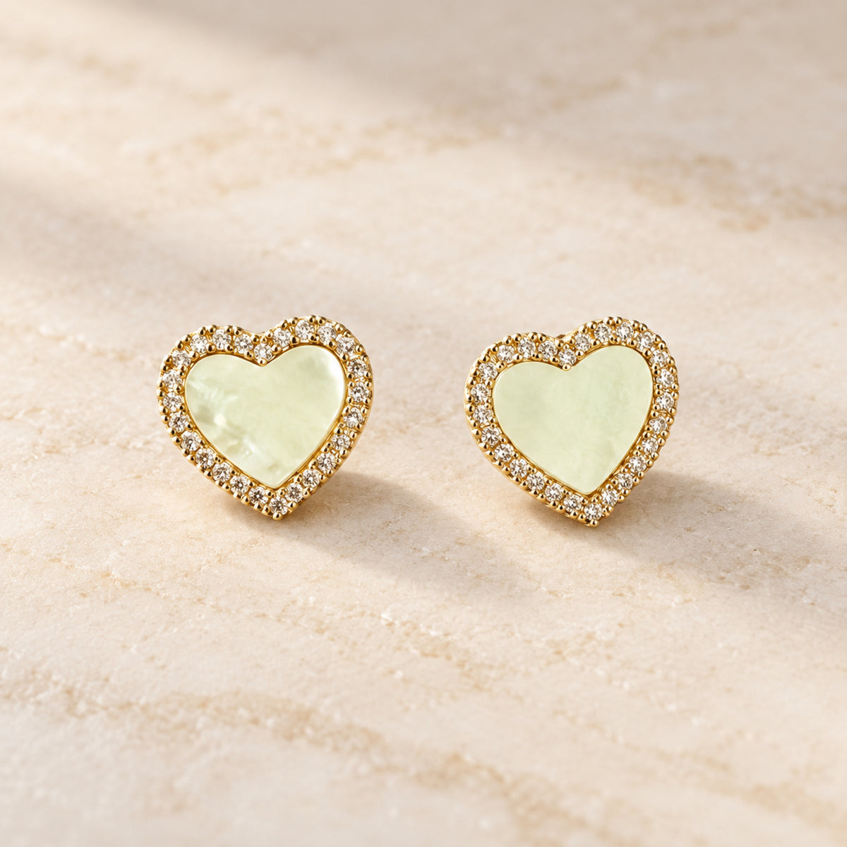 Gold-Tone Pearlescent Pavé Heart Stud Earrings