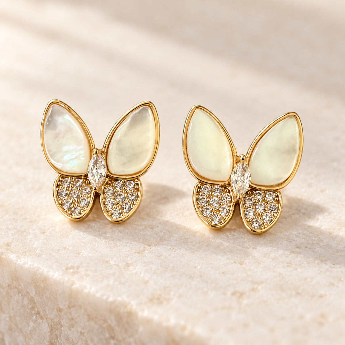 Gold-Tone Pearlescent Butterfly Crystal Stud Earrings