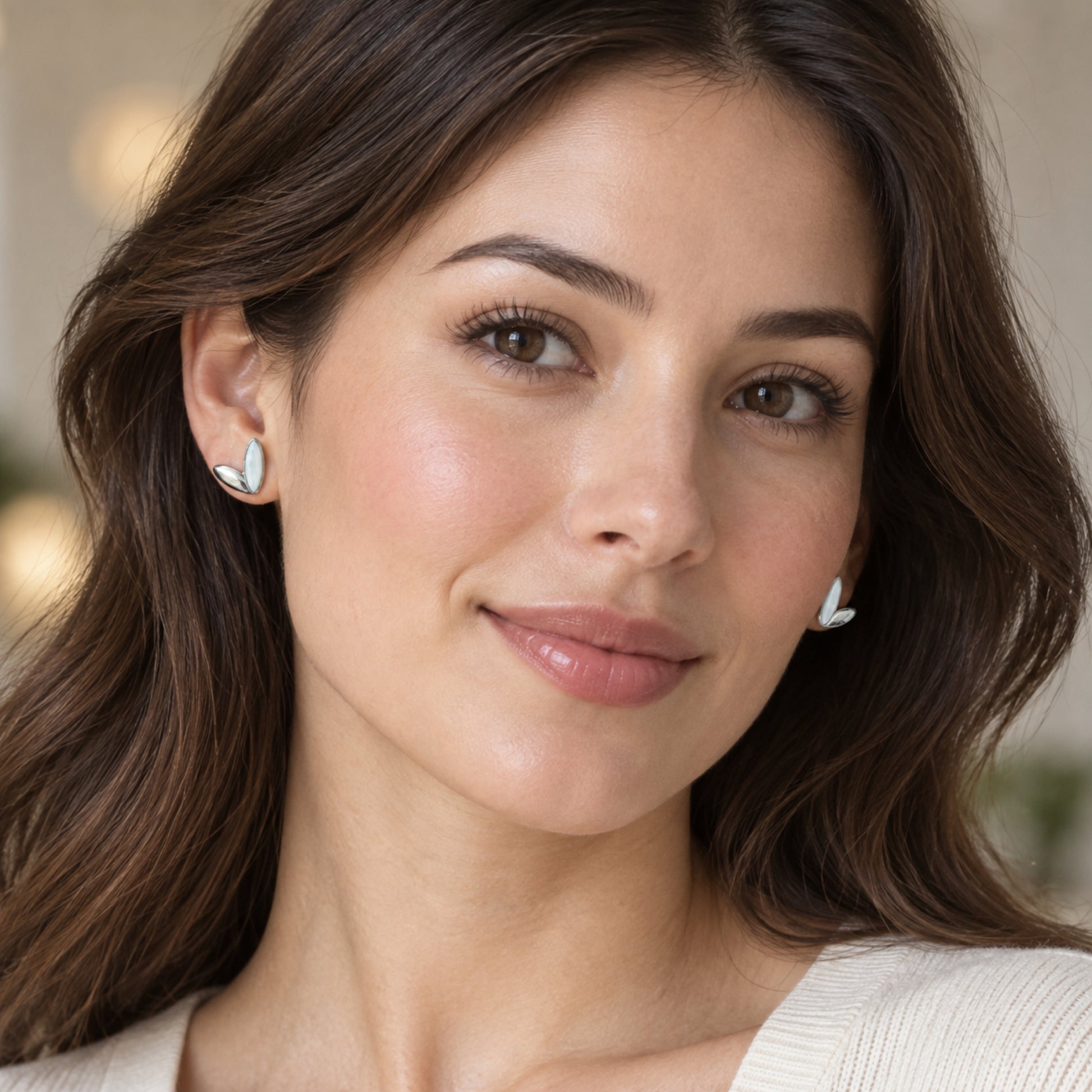 Silver-Tone Pearlescent Double-Petal Stud Earrings - view 3