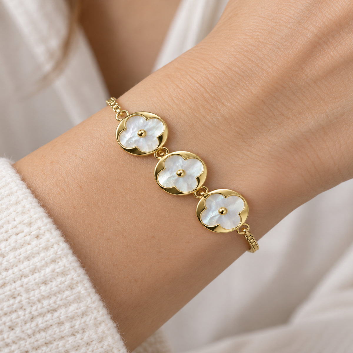 Gold-Tone Pearlescent Floral Disc Bracelet