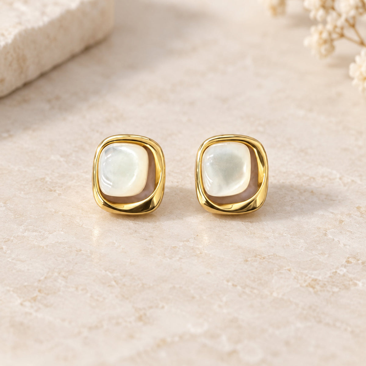 Gold-Tone Pearlescent Rounded-Square Stud Earrings