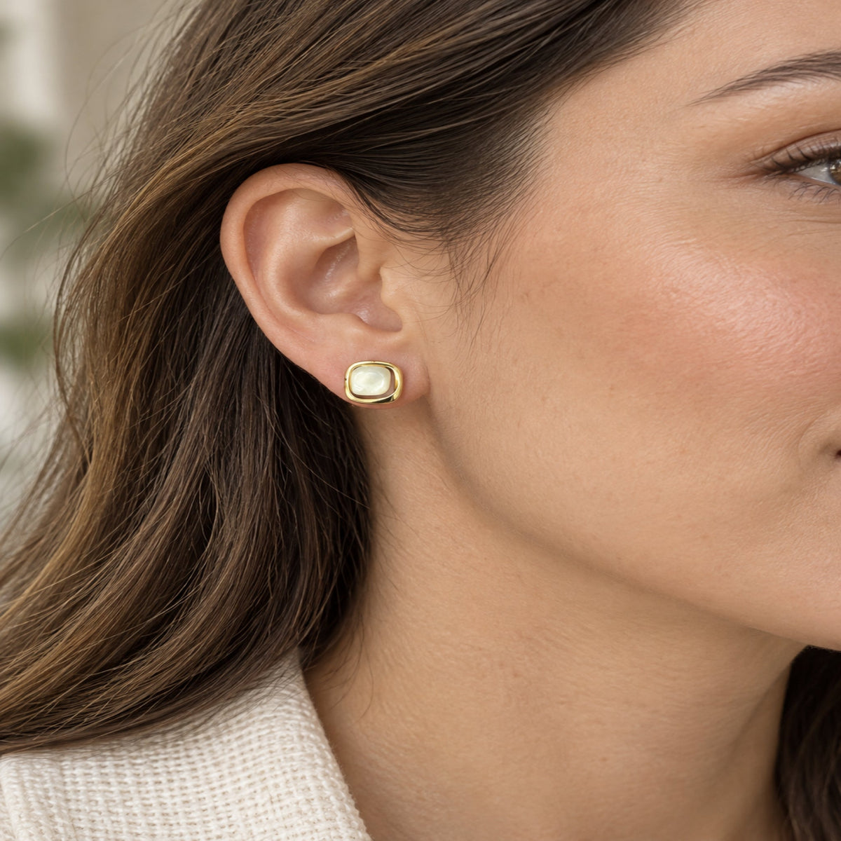 Gold-Tone Pearlescent Rounded-Square Stud Earrings