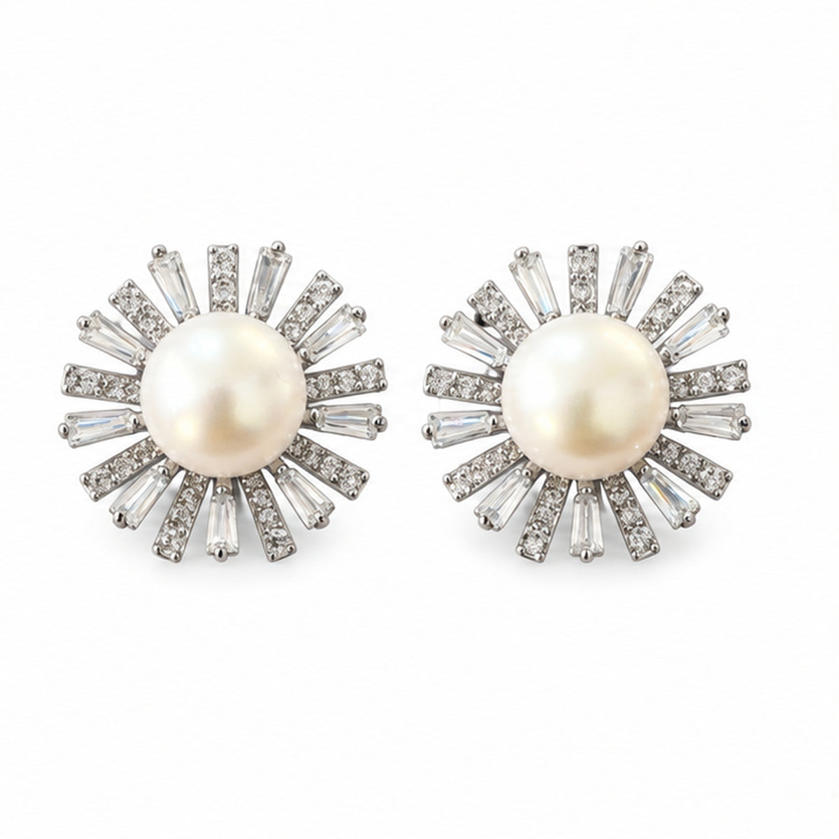 Real pearl sunburst stud earrings with clear stone accents and solid sterling silver posts on a clean white background