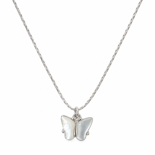 Sterling silver butterfly necklace with mother-of-pearl wings on white background