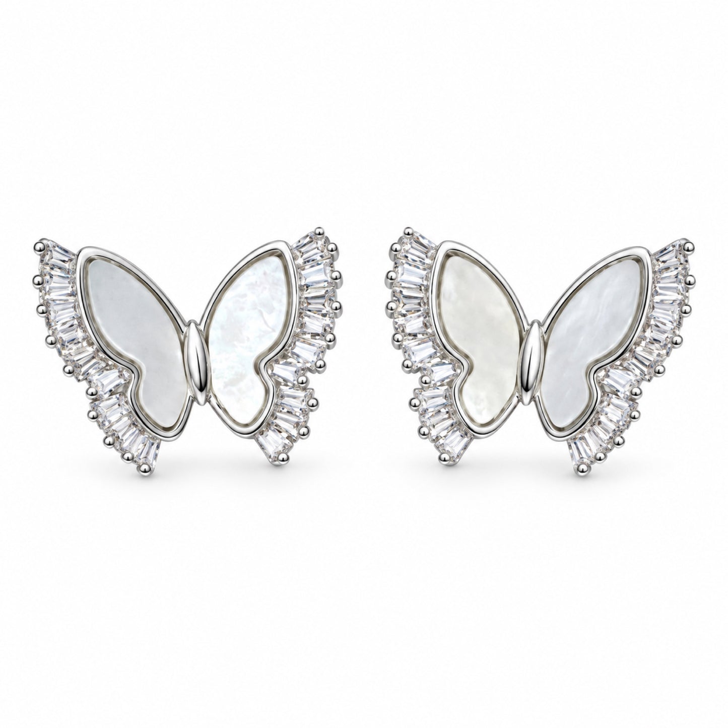 Silver-Tone Pearlescent Baguette Crystal Butterfly Stud Earrings - view 1