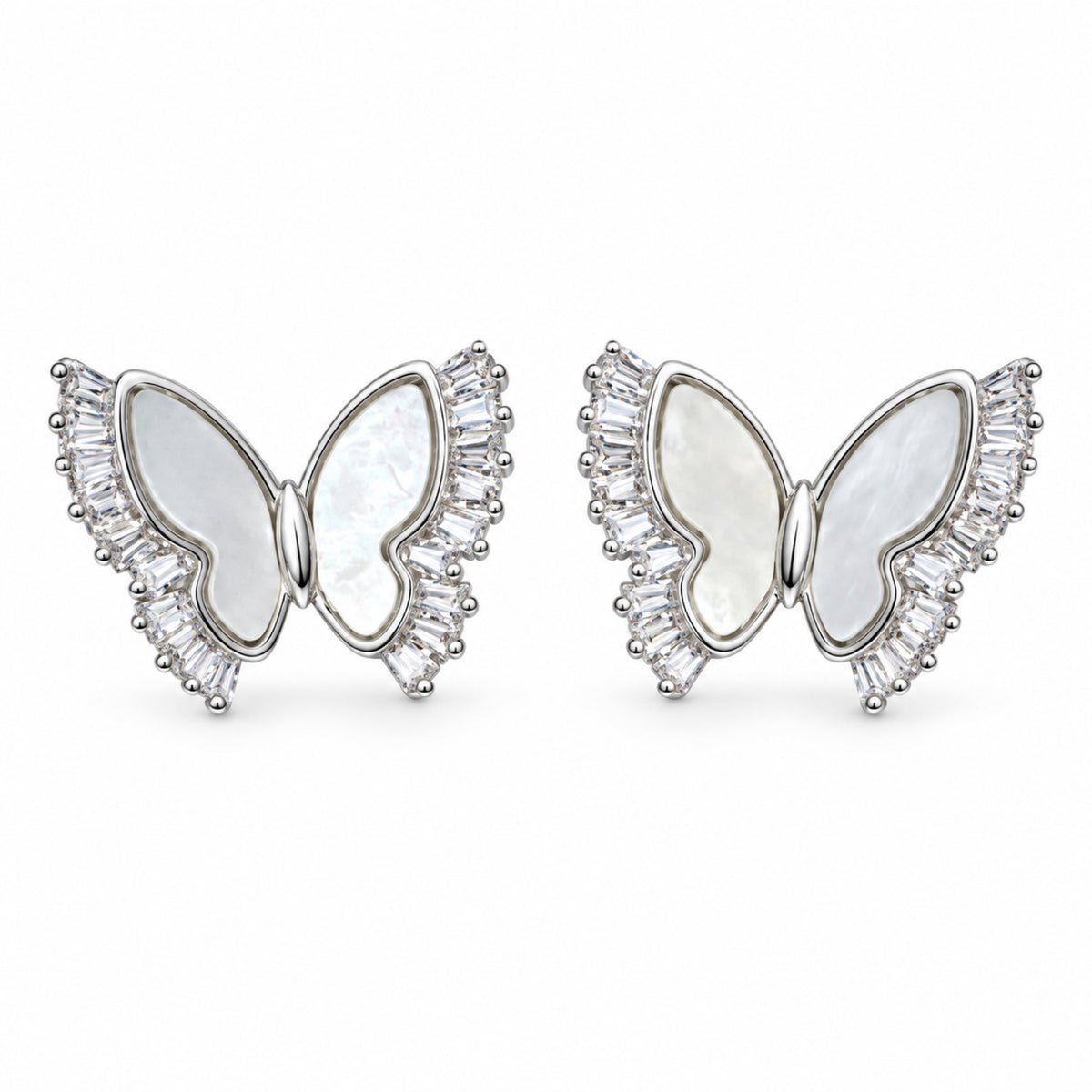 Silver-Tone Pearlescent Baguette Crystal Butterfly Stud Earrings - view 1