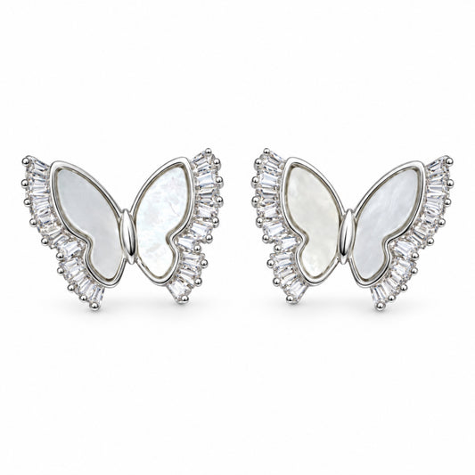 Silver-Tone Pearlescent Baguette Crystal Butterfly Stud Earrings - view 1