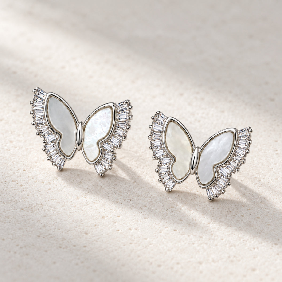 Silver-Tone Pearlescent Baguette Crystal Butterfly Stud Earrings - view 2